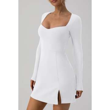 QINSEN Women's Long Sleeve Sweetheart Neckline Mini Dress High Waist Party Club Outfit White (May See Through) S