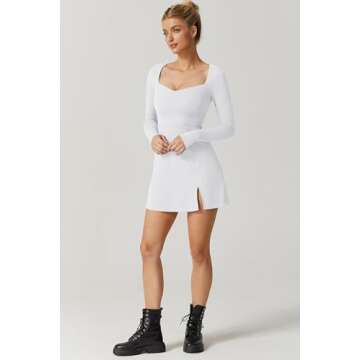 QINSEN Women's Long Sleeve Sweetheart Neckline Mini Dress High Waist Party Club Outfit White (May See Through) S