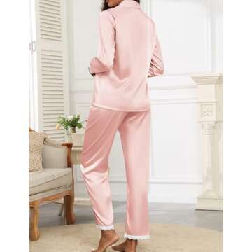 Ekouaer Satin Pajamas for Women Silk Long Sleeve Sleepwear Button Down Loungewear 2 Pieces Lace Soft...
