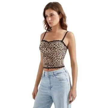 OMKAGI Lace Tank Tops for Women Sexy Double Lined Y2K Going Out Basic Cami Shirt(XL,297-Leopard)