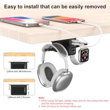 HORUMP PC Gaming Headphone Headset Holder Hanger Hook, Dual Headphone Stand Under Desk with 5 Ports USB Charging Station, Suitable for Gamer Earphone Accessories as Boyfriend, Son, Husband Gifts