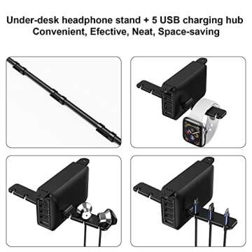 HORUMP PC Gaming Headphone Headset Holder Hanger Hook, Dual Headphone Stand Under Desk with 5 Ports USB Charging Station, Suitable for Gamer Earphone Accessories as Boyfriend, Son, Husband Gifts