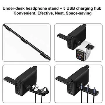HORUMP Dual Headphone Stand with 5-Port USB Charger