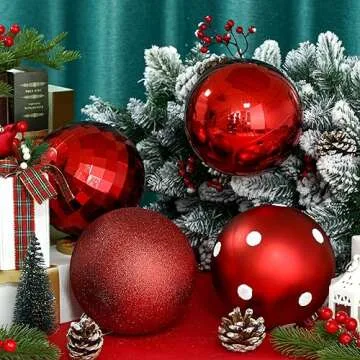 Tigeen 4 Pcs 5.91 Inch Large Christmas Ball Ornaments Extra Large Christmas Hanging Ornaments 150mm Glitter Winter Vintage Mercury Balls for Xmas Tree Party Decoration(Fresh Style)