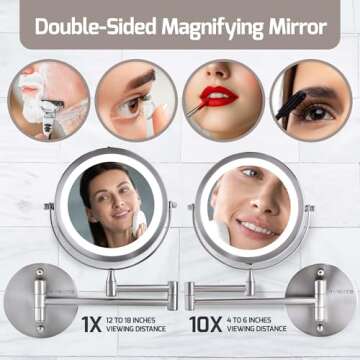 OVENTE 7" Lighted Wall Mount Makeup Mirror with 1X/10X Magnification, Cordless Double Sided Magnifyi...