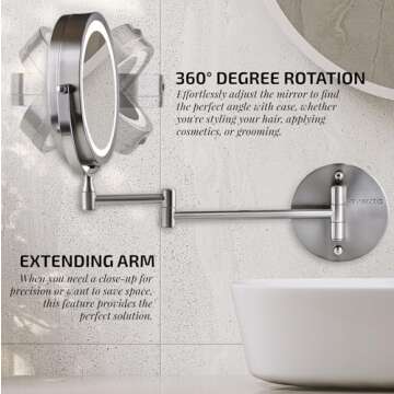 OVENTE 7" Lighted Wall Mount Makeup Mirror with 1X/10X Magnification, Cordless Double Sided Magnifying Round Vanity Mirror, 360° Swivel Design, Extendable and Folding Arm, Nickel Brushed MFW70BR1X10X