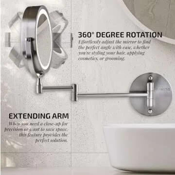 OVENTE 7" Lighted Wall Mount Makeup Mirror with 1X/10X Magnification, Cordless Double Sided Magnifying Round Vanity Mirror, 360° Swivel Design, Extendable and Folding Arm, Nickel Brushed MFW70BR1X10X