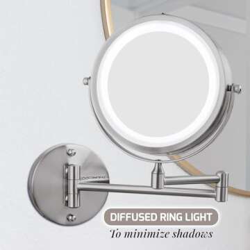 OVENTE 7" Lighted Wall Mount Makeup Mirror with 1X/10X Magnification, Cordless Double Sided Magnifying Round Vanity Mirror, 360° Swivel Design, Extendable and Folding Arm, Nickel Brushed MFW70BR1X10X