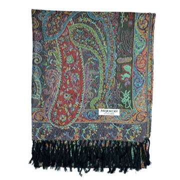 Plum Feathers Pashmina Scarf with Ethnic Tapestry Style Paisley Pattern - 67" x 28" Everyday Pashmina Travel Wrap and Shawl (Black Multi Tapestry)