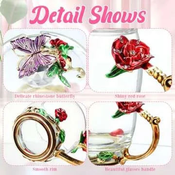 Nuanchu 4 Sets Flower Tea Cups with Lids Butterfly Vintage Glass Coffee Mugs with Spoon Fancy Clear Teacup Mother's Day Mom Wife Girlfriend Gift(Pink, Purple, Blue, Red,11 oz)