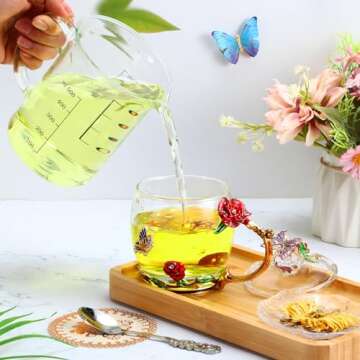 Nuanchu 4 Sets Flower Tea Cups with Lids Butterfly Vintage Glass Coffee Mugs with Spoon Fancy Clear Teacup Mother's Day Mom Wife Girlfriend Gift(Pink, Purple, Blue, Red,11 oz)