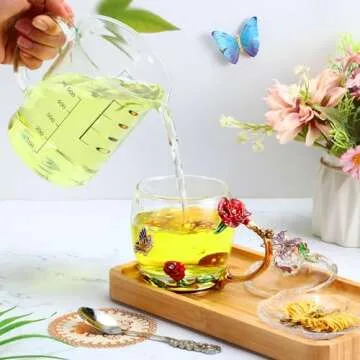 Nuanchu 4 Sets Flower Tea Cups with Lids Butterfly Vintage Glass Coffee Mugs with Spoon Fancy Clear Teacup Mother's Day Mom Wife Girlfriend Gift(Pink, Purple, Blue, Red,11 oz)