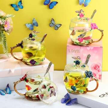 Nuanchu 4 Sets Flower Tea Cups with Lids Butterfly Vintage Glass Coffee Mugs with Spoon Fancy Clear Teacup Mother's Day Mom Wife Girlfriend Gift(Pink, Purple, Blue, Red,11 oz)