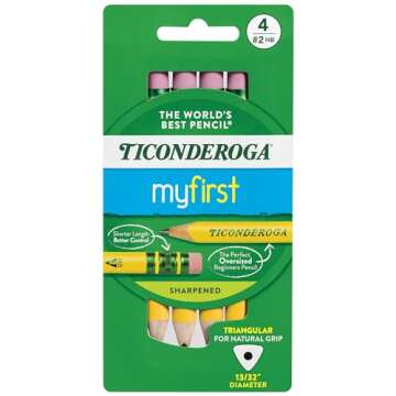 Ticonderoga My First Short Triangular Wood-Cased Pencils, 2 HB Soft, With Erasers, Yellow, 4 Count P...
