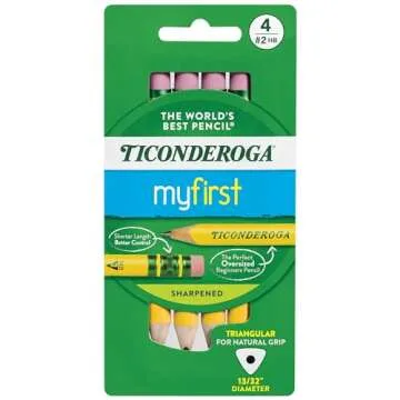 Ticonderoga My First Short Triangular Wood-Cased Pencils, 2 HB Soft, With Erasers, Yellow, 4 Count P...