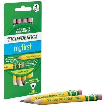 Ticonderoga My First Short Triangular Wood-Cased Pencils, 2 HB Soft, With Erasers, Yellow, 4 Count Pencil Bundle With Erasers, Pencil Shaped, Latex-Free, Yellow, 3-Pack