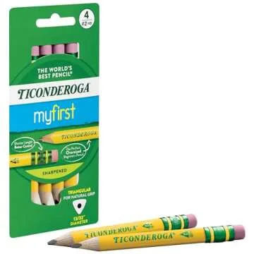 Ticonderoga My First Short Triangular Wood-Cased Pencils, 2 HB Soft, With Erasers, Yellow, 4 Count Pencil Bundle With Erasers, Pencil Shaped, Latex-Free, Yellow, 3-Pack