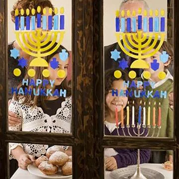 Watayo 3 Sheets Hanukkah Window Gel Clings-3D Hanukkah Decorations Gel Clings-Happy Hanukkah Gel Clings Menorah and Dreidel for Window Glass Decoration