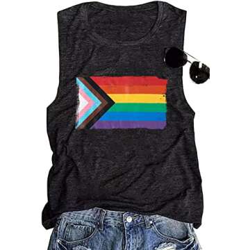 Progress Pride Rainbow Flag Tank Top Women LGBTQ Equality Tank Tops Sleeveless Graphic Tee Shirt (Da...