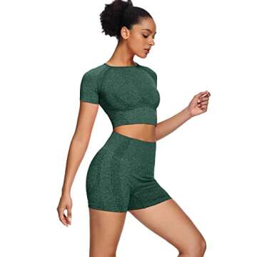 Sytiz Women Seamless Yoga Outfits 2 Piece Set Workout Gym Shorts + Short Sleeve Crop Top