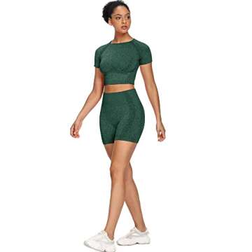 Sytiz Women Seamless Yoga Outfits 2 Piece Set Workout Gym Shorts + Short Sleeve Crop Top