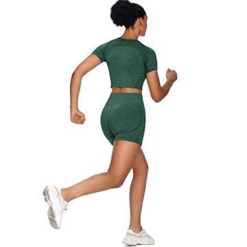 Sytiz Women Seamless Yoga Outfits 2 Piece Set Workout Gym Shorts + Short Sleeve Crop Top