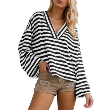 Burtell Women Vintage Striped Oversized Sweatshirts Casual Loose V Neck Long Sleeve Pullover Tops Fa...