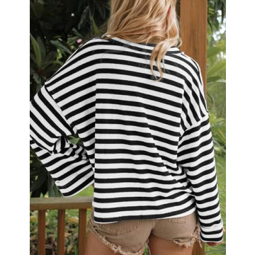 Burtell Women Vintage Striped Oversized Sweatshirts Casual Loose V Neck Long Sleeve Pullover Tops Fall Color Block Tunic Top Black