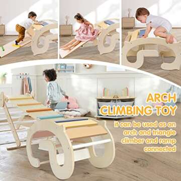 labebe Toddler Climbing Arch, Waldorf Rainbow Rocker Play, 3-in-1 Montessori Climbing Toys for Kid, Wooden Indoor Outdoor Play Gym Learning Playset, Playground for Kids Gift
