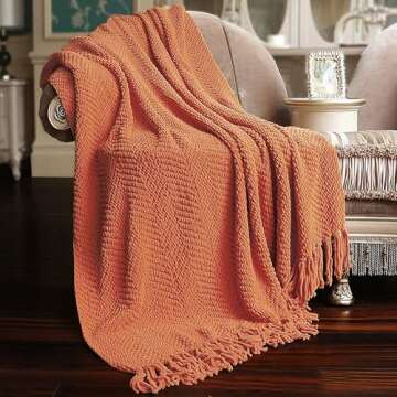 Home Soft Things Throw Blanket Knitted Tweed Throw 50'' x 60'', Rust, Super Soft Cozy Warm Comfortab...