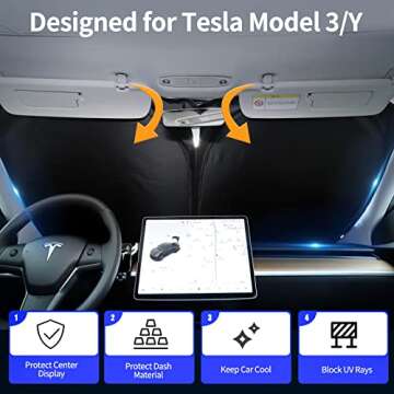 Upgraded Sunshade for Tesla Model 3/Y Windshield, Improved UV Protection Fabric, Metal Frame, Full-S...