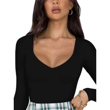REORIA Women's Sexy V Neck Long Sleeve Bodysuit