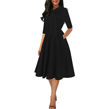 oxiuly Women's Vintage Bow Tie V-Neck Pockets Casual Work Party Cocktail Swing A-line Dresses OX278 ...