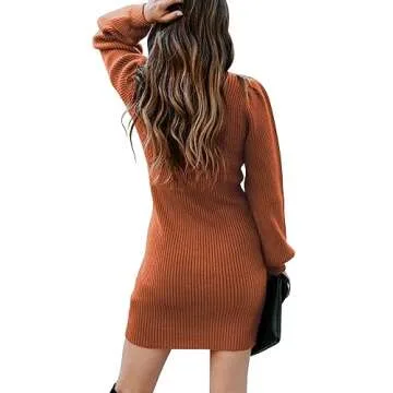 ANRABESS Women Long Sleeve Turtle Mock Neck Rib Knit Stretch Slim Fitted Bodycon Sweater Mini Short Dress 2024 Fall Outfits Rust Orange Medium