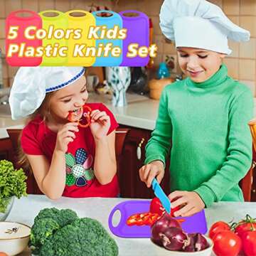 Aemygo 20 Pcs Kids Knife Set with Cutting Board, Plastic Child Safe Knives for Real Cooking Serrated...