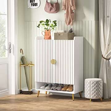 Tribesigns Shoe Cabinet with Doors, 6-Tier Shoe Storage Cabinet with Adjustable Shelves, Wooden Shoes Rack Shoe Storage Organizer for Entryway, Hallway, Closet, Living Room, White & Gold