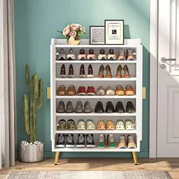 Tribesigns Shoe Cabinet with Doors, 6-Tier Shoe Storage Cabinet with Adjustable Shelves, Wooden Shoes Rack Shoe Storage Organizer for Entryway, Hallway, Closet, Living Room, White & Gold