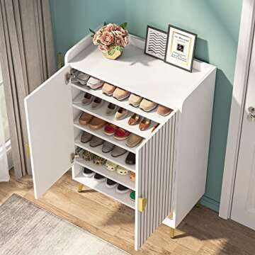 Tribesigns Shoe Cabinet with Doors, 6-Tier Shoe Storage Cabinet with Adjustable Shelves, Wooden Shoes Rack Shoe Storage Organizer for Entryway, Hallway, Closet, Living Room, White & Gold