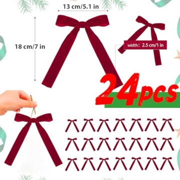24 PCS Red Velvet Christmas Tree Bows with Gold Ties