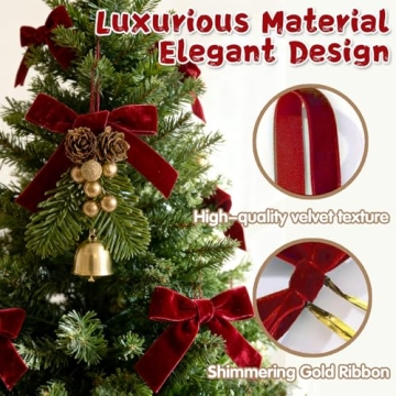 24 PCS Red Velvet Christmas Tree Bows with Gold Ties