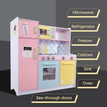 KidKraft Wooden Large Pastel Play Kitchen with Turning Knobs, See-Through Doors and Play Phone Gift ...