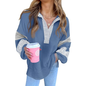 Fisoew Womens Color Block Oversized Sweatshirt V Neck Long Sleeve Casual Loose Pullover Tops Blue