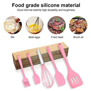 Silicone Baking Utensils Set, 5 Pcs Silicone Spatula Set, Non-stick Heat Resistant Silicone Cookware - Durable Cooking Kitchen Tools Set (Pink)
