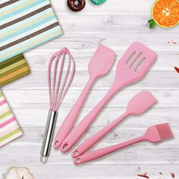 Silicone Baking Utensils Set, 5 Pcs Silicone Spatula Set, Non-stick Heat Resistant Silicone Cookware - Durable Cooking Kitchen Tools Set (Pink)