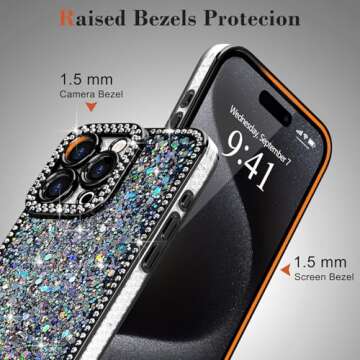 Lafunda for iPhone 15 Pro Max Case Glitter, Luxury Shiny Bling Sparkly Bumper Cover with Crystal Diamonds for Women Girls Soft Slim Shockproof Protective Phone Case for iPhone 15 Pro Max 6.7", Black