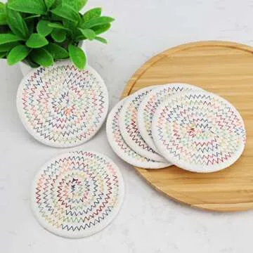 ABenkle Woven Coasters for Drinks Set of 6, Boho Absorbent Drinking Coaster, 4.3 Inch - Perfect Housewarming Gift, Home Decor, Bar Essentials for Coffee Table
