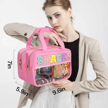 sweet lion Chenille Letter Clear Large Makeup Bag, Preppy Cosmetic Bag Clear Snack Bags with Zipper,Stuff Bag Waterproof Bag Travel Toiletry Bag Cosmetic Pouch for Women Girls (Pink-SNACKS)