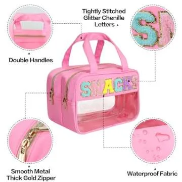 sweet lion Chenille Letter Clear Large Makeup Bag, Preppy Cosmetic Bag Clear Snack Bags with Zipper,Stuff Bag Waterproof Bag Travel Toiletry Bag Cosmetic Pouch for Women Girls (Pink-SNACKS)