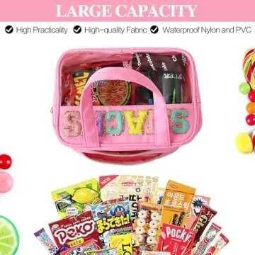 sweet lion Chenille Letter Clear Large Makeup Bag, Preppy Cosmetic Bag Clear Snack Bags with Zipper,Stuff Bag Waterproof Bag Travel Toiletry Bag Cosmetic Pouch for Women Girls (Pink-SNACKS)