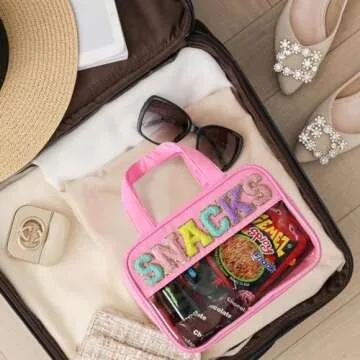 sweet lion Chenille Letter Clear Large Makeup Bag, Preppy Cosmetic Bag Clear Snack Bags with Zipper,Stuff Bag Waterproof Bag Travel Toiletry Bag Cosmetic Pouch for Women Girls (Pink-SNACKS)